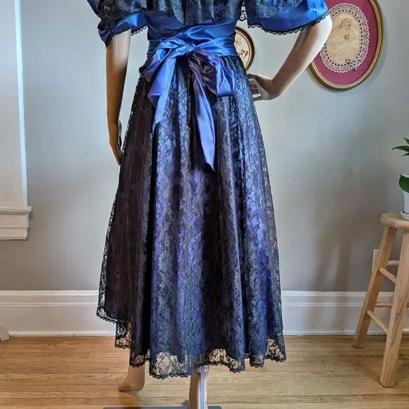Vintage 80s Gunne Sax Ball Gown Southern Belle Maxi Dress Blue Satin Lace Size 5 - Picture 6 of 14